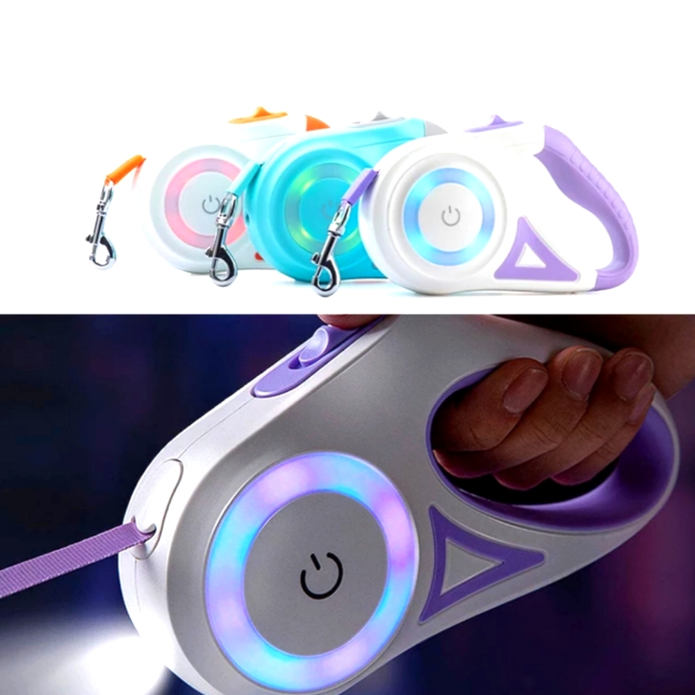 Retractable dog leashes with led light.  All 3 colors showed available.